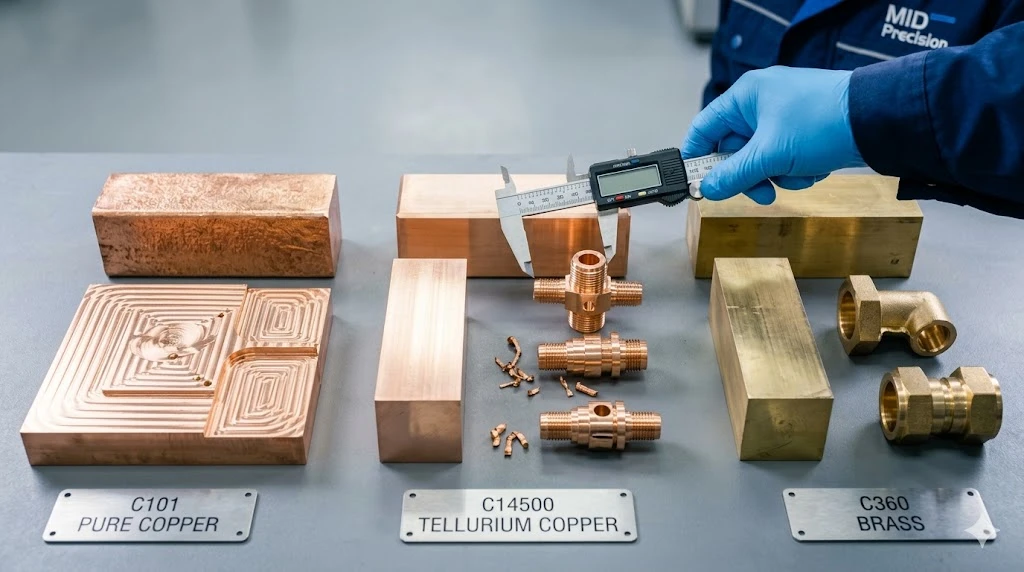Chinese engineer comparing different copper alloy grades and machined components on a workbench