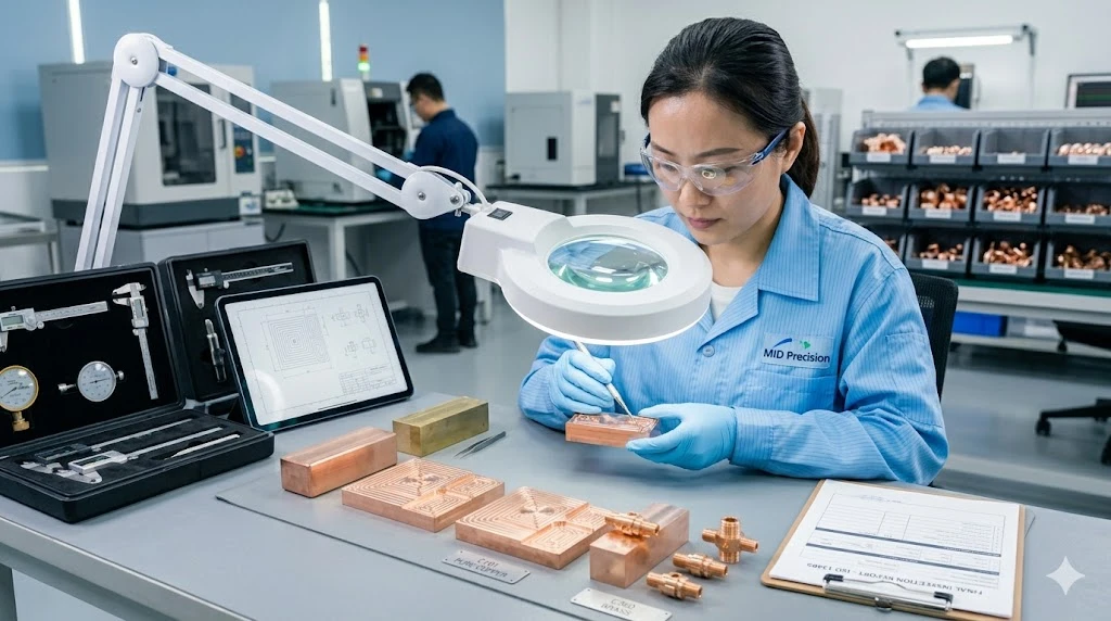 Chinese quality inspector performing final deburring and surface inspection on copper CNC parts Chinese quality inspector performing final deburring and surface inspection on copper CNC parts