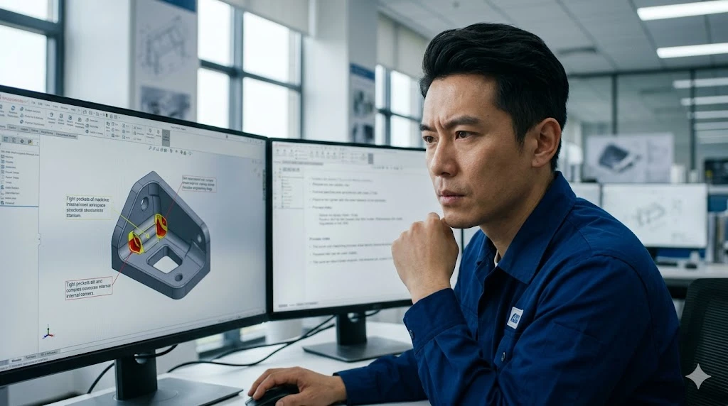 A Chinese manufacturing engineer analyzing a 3D CAD model of an aerospace structural bracket for DFM review on a workstation A Chinese manufacturing engineer analyzing a 3D CAD model of an aerospace structural bracket for DFM review on a workstation