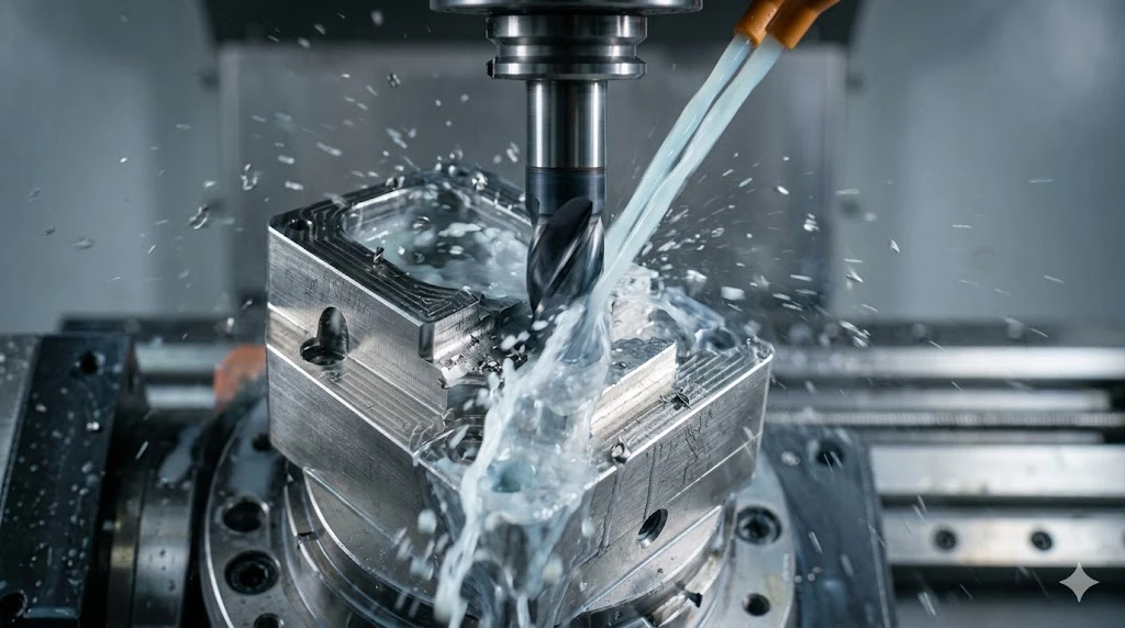 Close-up of high-pressure through-spindle coolant spraying during the CNC machining of a Ti-6Al-4V titanium aerospace part Close-up of high-pressure through-spindle coolant spraying during the CNC machining of a Ti-6Al-4V titanium aerospace part