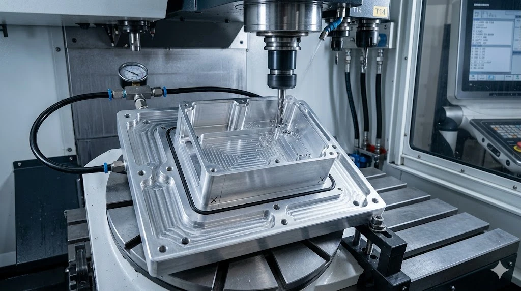 An aluminum 7075-T651 thin-wall aerospace housing secured on a custom matrix vacuum fixture to prevent deflection An aluminum 7075-T651 thin-wall aerospace housing secured on a custom matrix vacuum fixture to prevent deflection