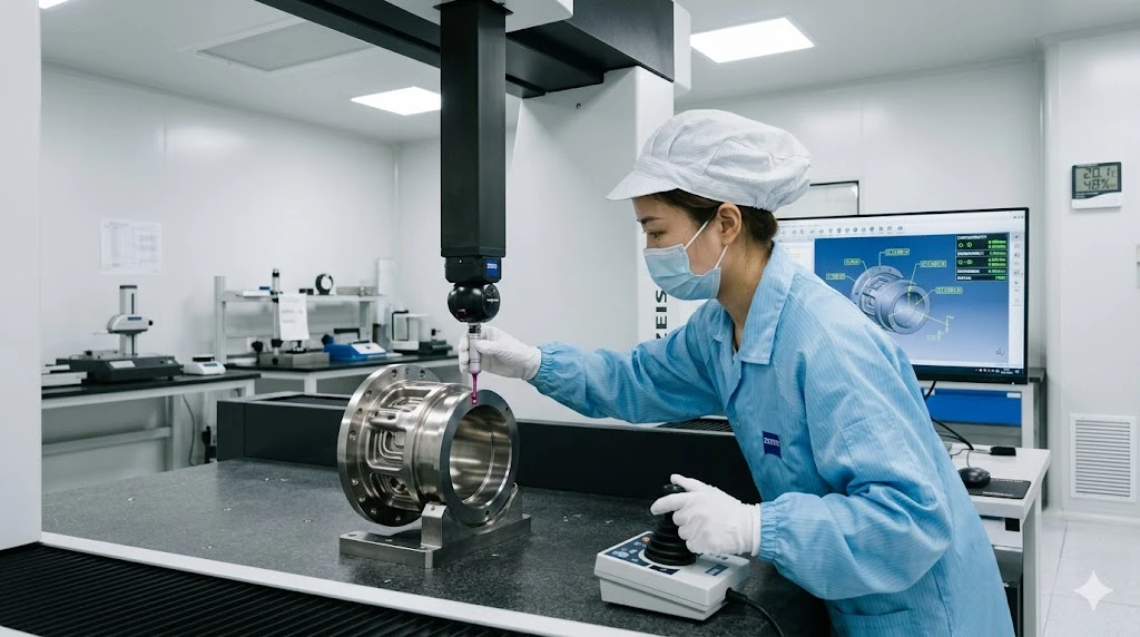 A Chinese quality inspector using a coordinate measuring machine to inspect the concentricity of a precision aerospace bore A Chinese quality inspector using a coordinate measuring machine to inspect the concentricity of a precision aerospace bore